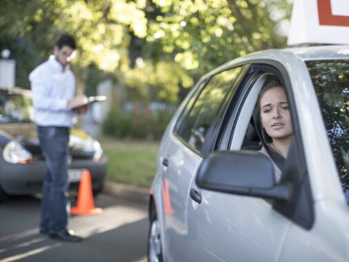 Mastering the Left Turn Yard test Manoeuvre For the Yard Test: Teenage girl during driving license test